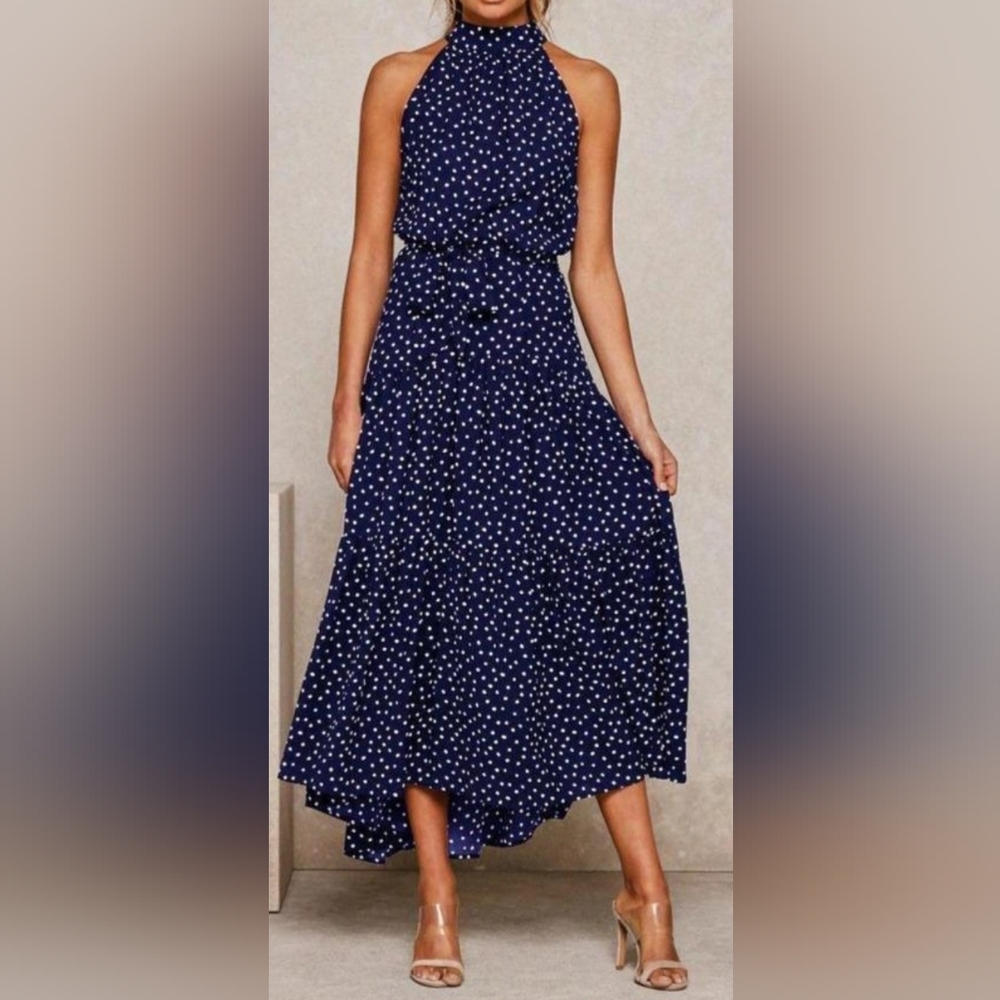 Navy W/White Polka Dot Halter Dress